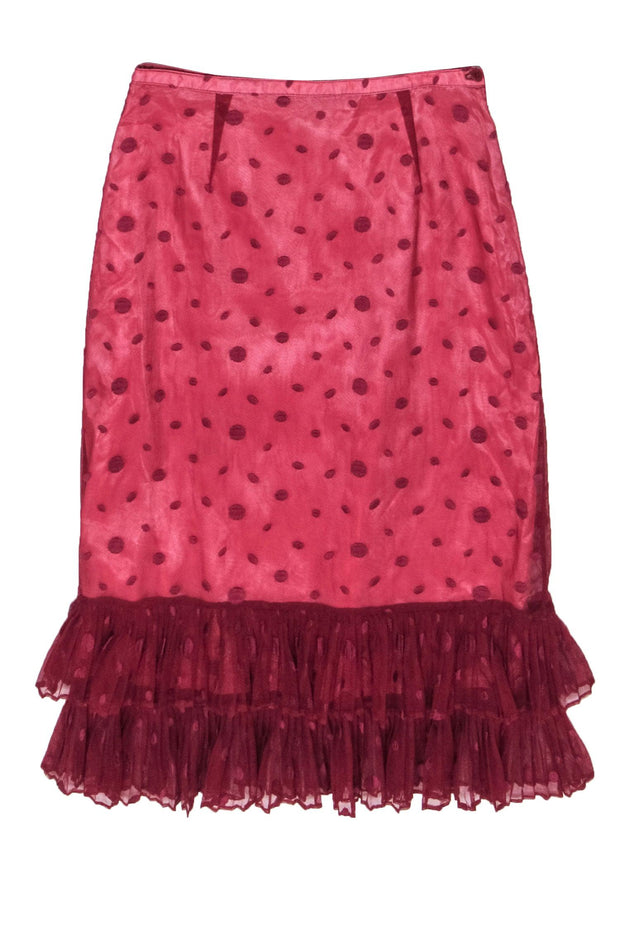 Current Boutique-BCBG Max Azria - Cranberry Polka Dot Embroidered Mesh Skirt w/ Ruffled Hem Sz 8