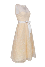 Current Boutique-BCBG Max Azria - Cream Midi Dress w/ Metallic Floral Embroidered Tulle Overlay Sz 2