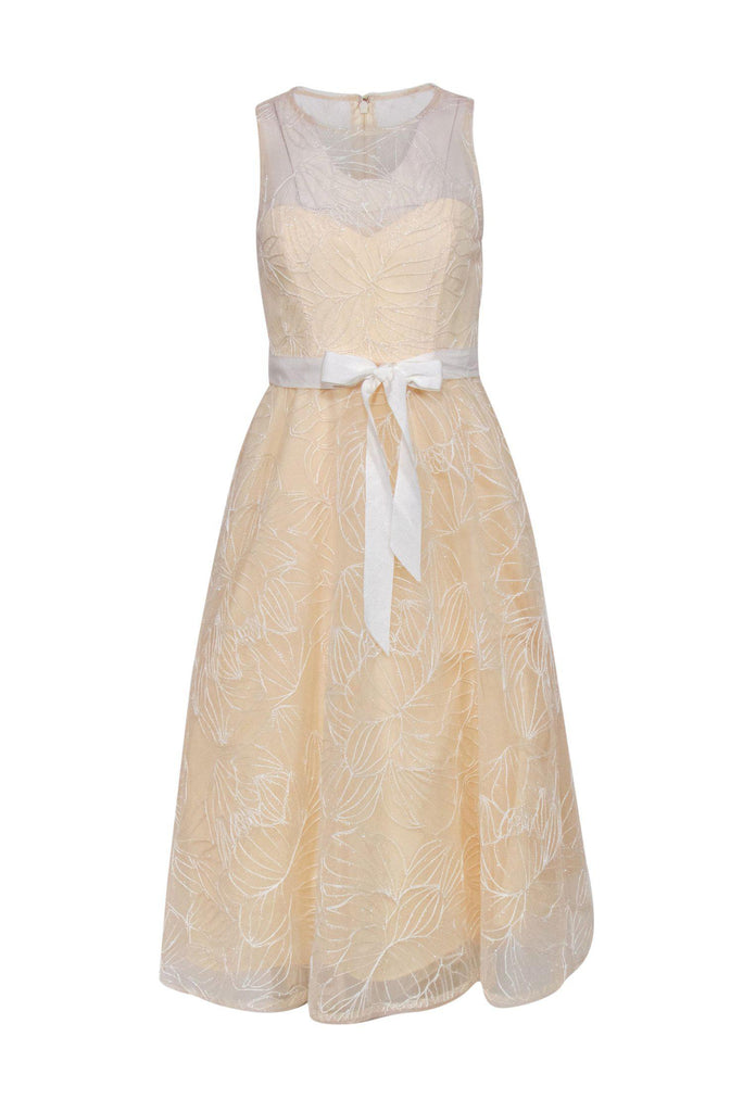 BCBG Max Azria Cream Midi Dress w Metallic Floral Embroidered