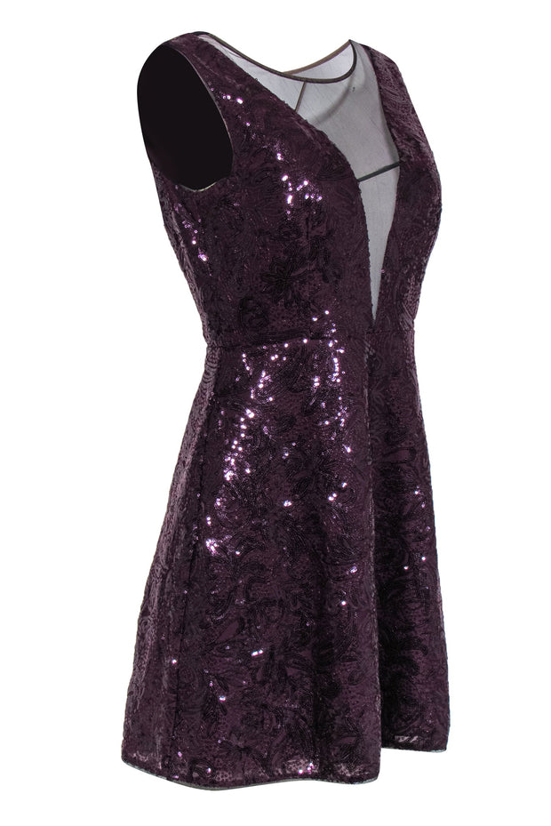 Current Boutique-BCBG Max Azria - Deep Purple Sequined Paisley Fit & Flare Dress w/ Mesh Paneling Sz 8