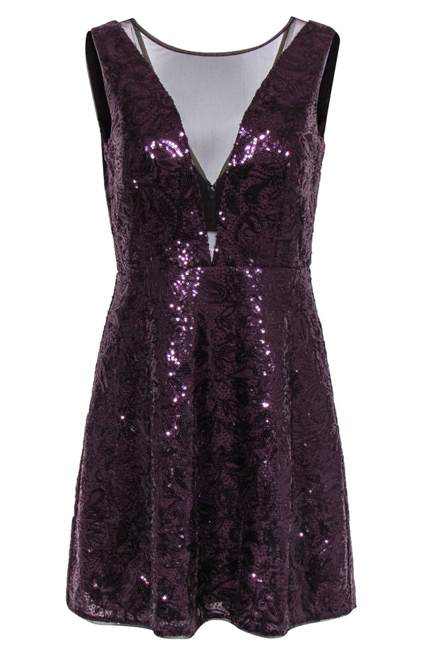 Current Boutique-BCBG Max Azria - Deep Purple Sequined Paisley Fit & Flare Dress w/ Mesh Paneling Sz 8