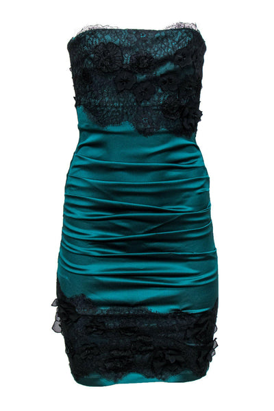 Current Boutique-BCBG Max Azria - Emerald Green Satin Ruched Strapless Bodycon Dress w/ Lace Sz 0