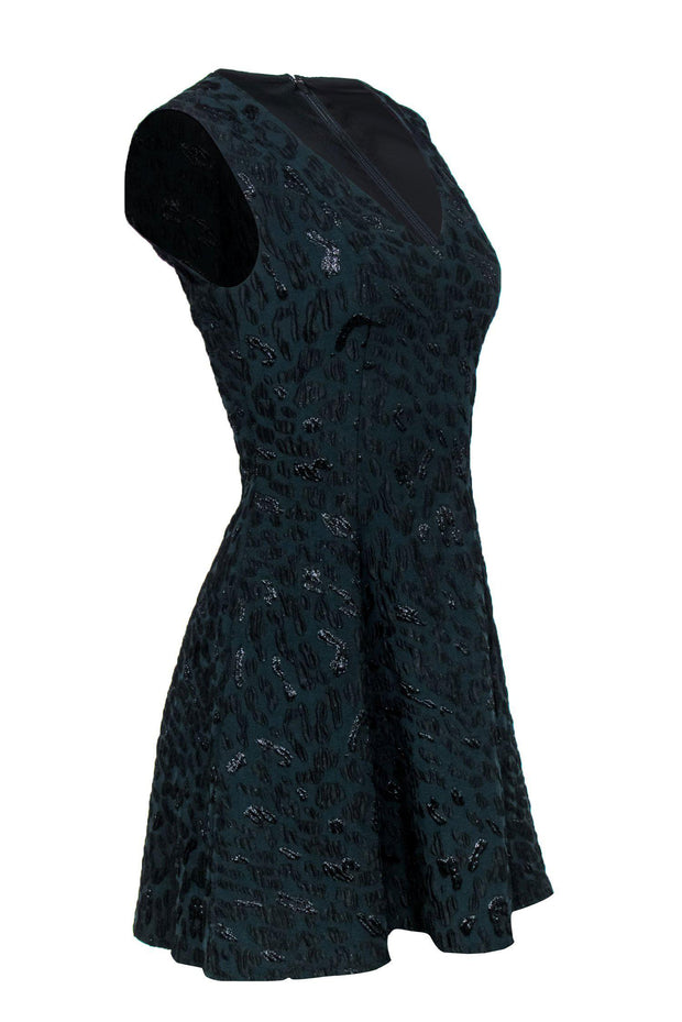 Current Boutique-BCBG Max Azria - Emerald Green Sparkly Leopard Print Sleeveless Fit & Flare Dress Sz 0