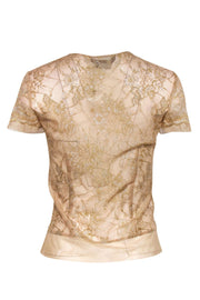 Current Boutique-BCBG Max Azria - Gold Metallic Sheer Lace Short Sleeve Blouse Sz S