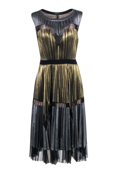 Current Boutique-BCBG Max Azria - Gold & Silver Colorblock Pleated Midi Dress Sz M