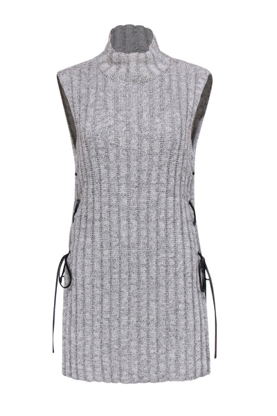 Current Boutique-BCBG Max Azria - Gray Ribbed Knit Mock Neck Mini Dress w/ Leather Ties Sz S