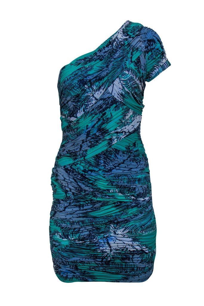 BCBG Max Azria Green Blue Printed Ruched One Shoulder Bodycon