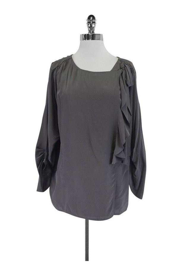 Current Boutique-BCBG Max Azria - Grey Wrap Blouse w/ Ruched Sleeves Sz M
