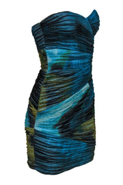 Current Boutique-BCBG Max Azria - Marbled Blue & Green Ruched Tulle Strapless Dress Sz 2