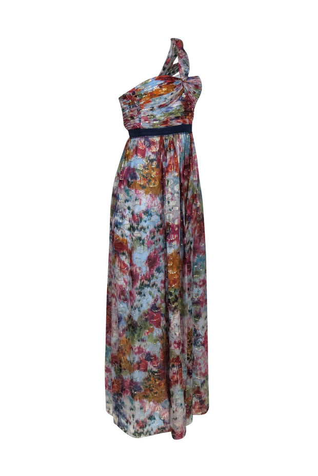 Current Boutique-BCBG Max Azria - Multicolored Metallic Watercolor Print One-Shoulder Gown Sz 0