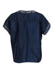 Current Boutique-BCBG Max Azria - Navy Short Sleeve Silk Top w/ Embroidered Trim Sz M