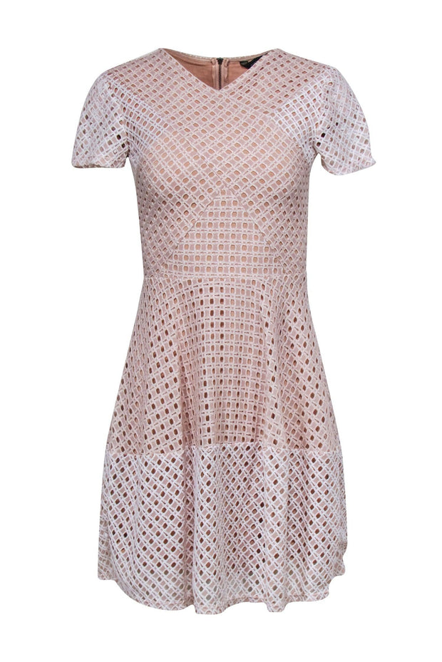 Current Boutique-BCBG Max Azria - Nude & White Short Sleeve Lace Eyelet Mini Dress Sz XS