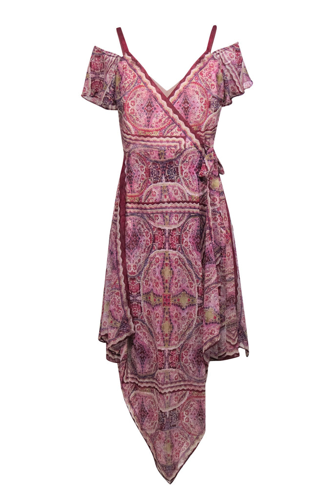 BCBG Max Azria Purple Boho Printed Wrap Dress w Ruffles Sz S