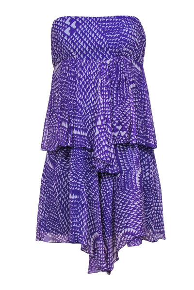 Current Boutique-BCBG Max Azria - Purple & White Strapless Tiered Scarf Hem Silk Dress Sz S