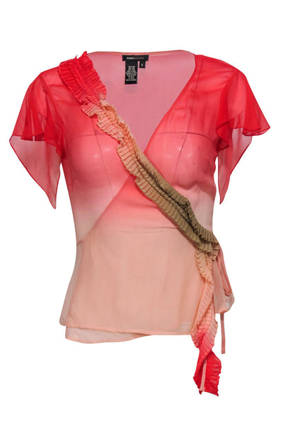 Current Boutique-BCBG Max Azria - Red Ombre Sheer Silk Blouse w/ Flutter Sleeves Sz 6