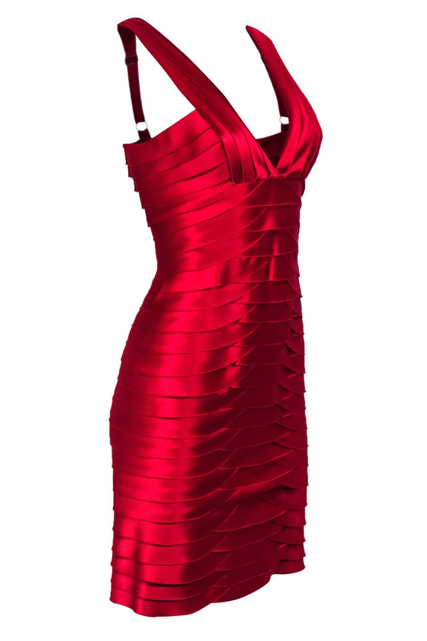 Current Boutique-BCBG Max Azria - Red Satin Tiered V-Neck Sheath Dress Sz 2