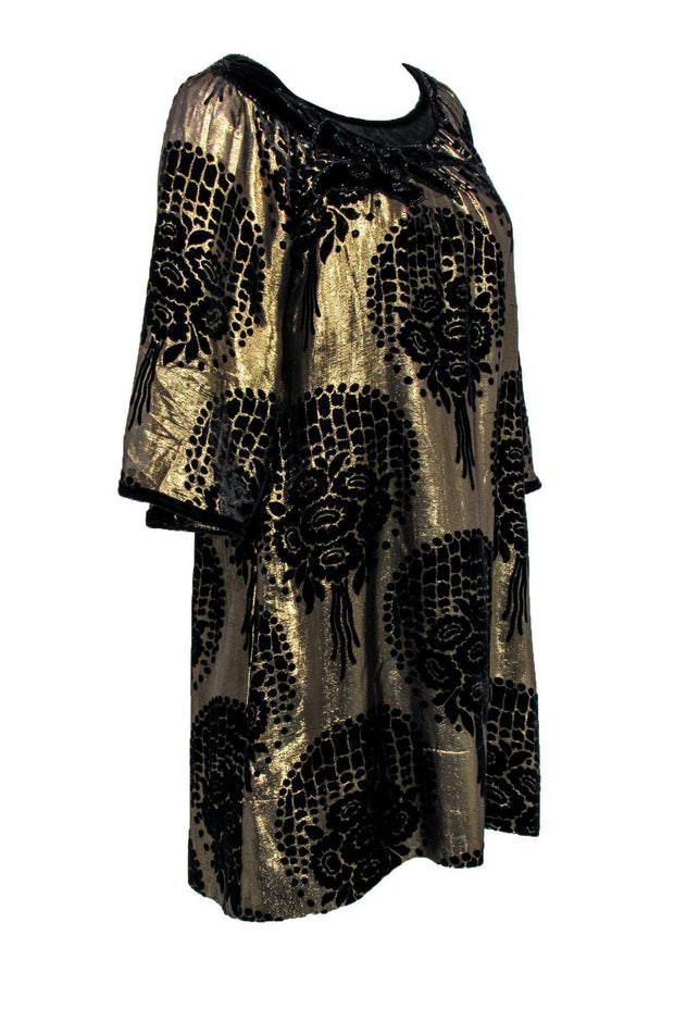 Current Boutique-BCBG Max Azria Runway - Gold & Black Velvet Floral Shift Dress Sz XS