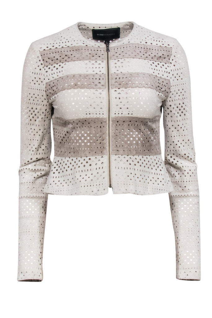 BCBG Max Azria Taupe Tan Perforated Faux Suede Jacket Sz XXS