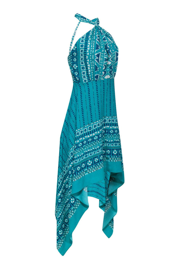 Current Boutique-BCBG Max Azria - Teal Bohemian Print Halter-Style Scarf Hem Midi Dress Sz 4