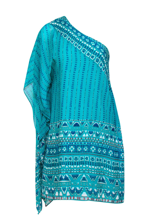 Current Boutique-BCBG Max Azria - Teal One-Shoulder Silk Printed Shift Dress Sz XS