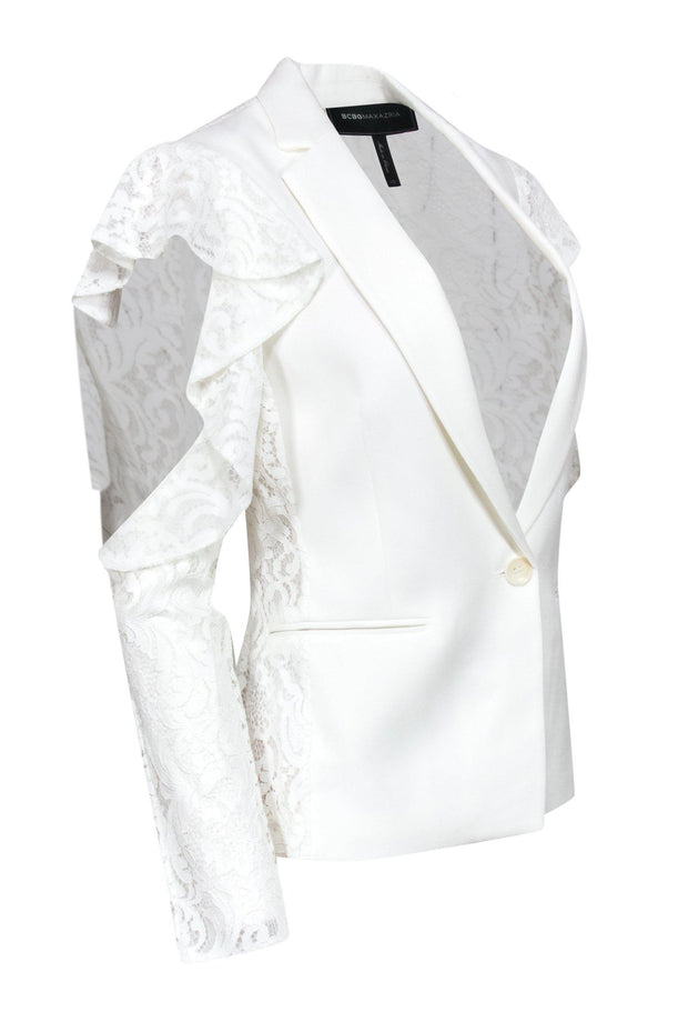 Current Boutique-BCBG Max Azria - White Blazer w/ Ruffle Lace Sleeves & Cold Shoulder Cutouts Sz XS