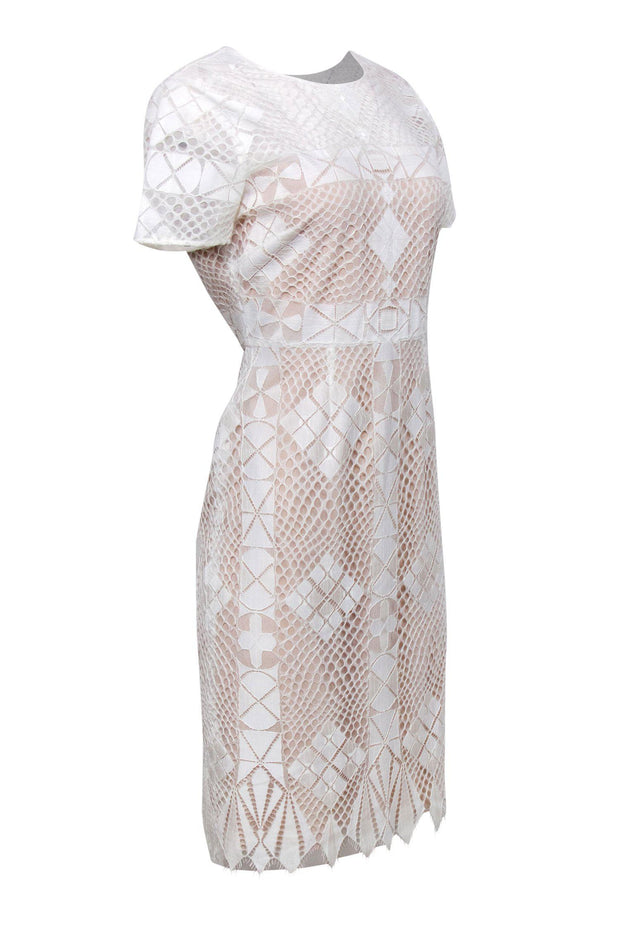 Current Boutique-BCBG Max Azria - White Geometric Lace Short Sleeve Sheath Dress w/ Nude Underlay Sz 10