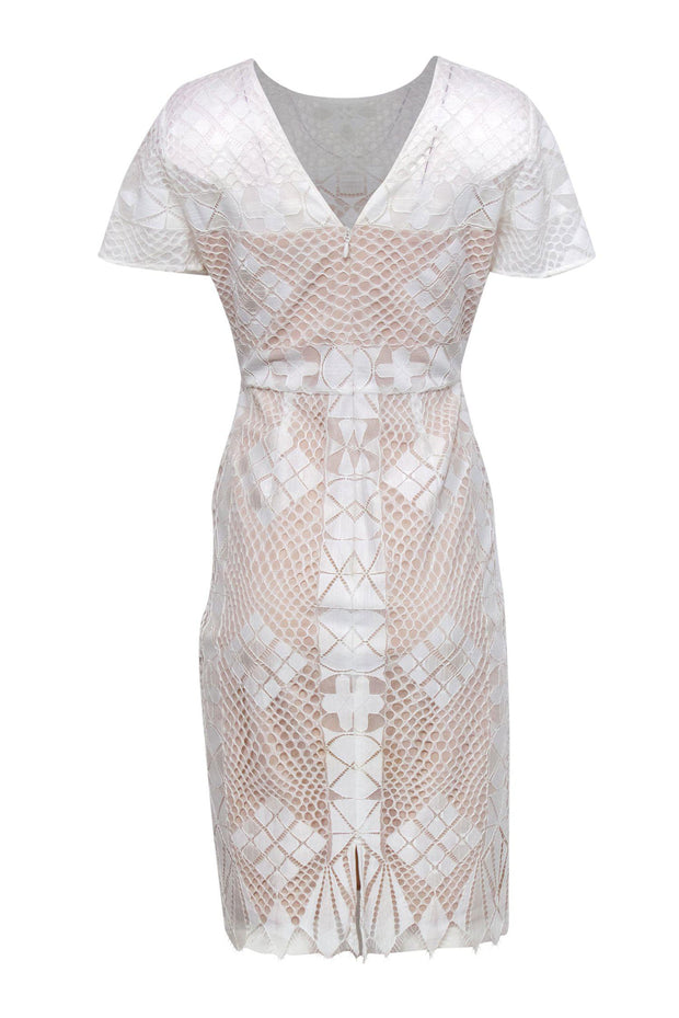 Current Boutique-BCBG Max Azria - White Geometric Lace Short Sleeve Sheath Dress w/ Nude Underlay Sz 10
