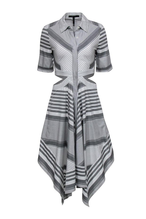 Current Boutique-BCBG Max Azria - White & Grey Striped Button-Up Shirt Dress w/ Waist Cutouts Sz 4