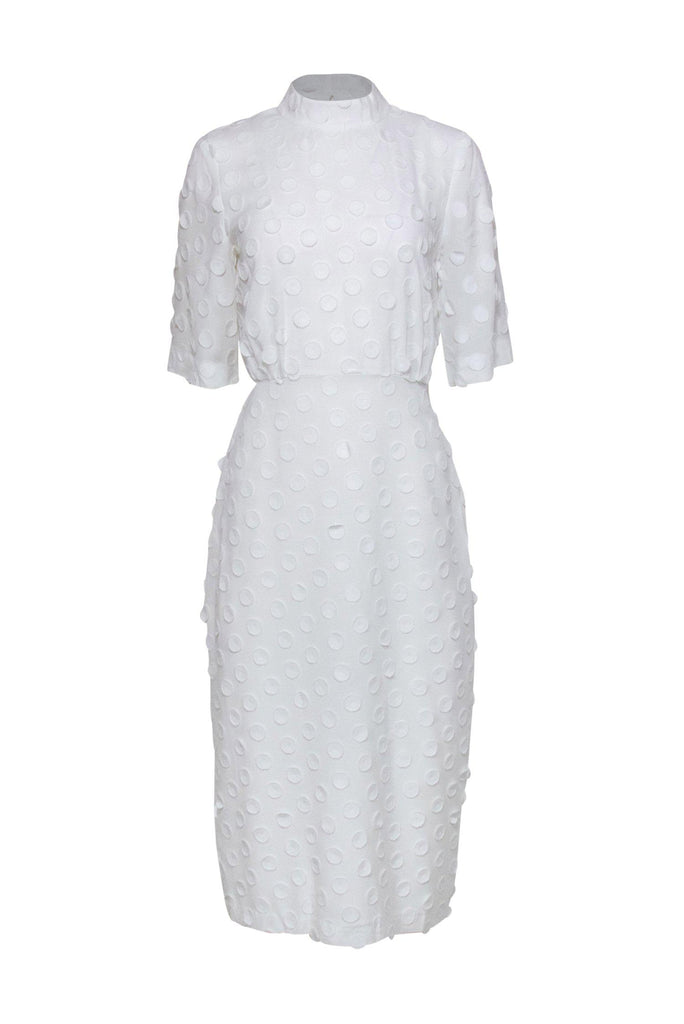 BCBG Max Azria White Polka Dot Embossed Short Sleeve Midi Dress