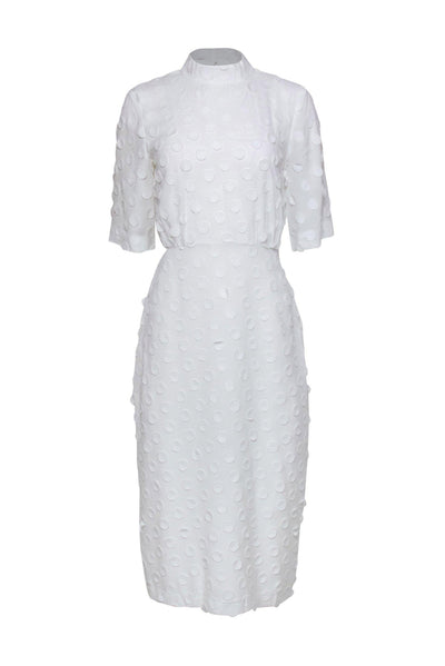 Current Boutique-BCBG Max Azria - White Polka Dot Embossed Short Sleeve Midi Dress Sz S
