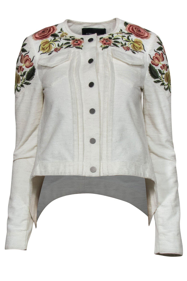 Current Boutique-BCBG Max Azria - White Textured Floral Embroidered Button-Up Cropped Jacket Sz XXS