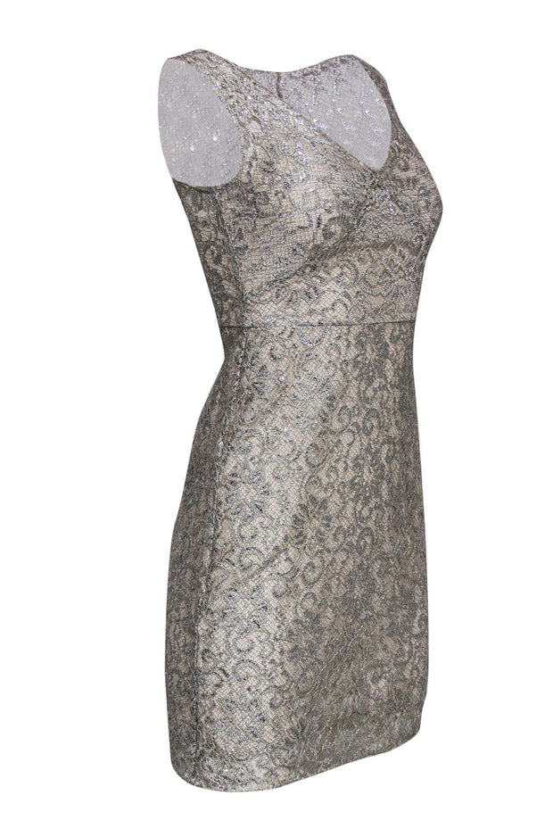 Current Boutique-BCBG - Metallic Silver Lace Cocktail Dress Sz 0