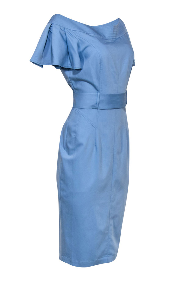 Current Boutique-BGL - Sky Blue Ruffled Sleeve Sheath Dress w/ Belt Sz 8