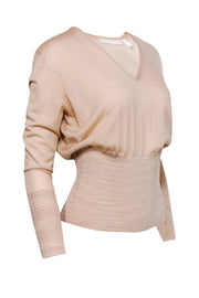 Current Boutique-BOSS Hugo Boss - Beige V-Neck Wool Sweater w/ Ribbed Fitted Waist Sz M