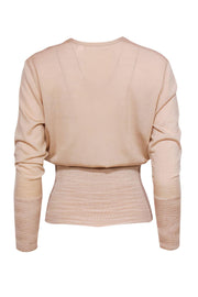 Current Boutique-BOSS Hugo Boss - Beige V-Neck Wool Sweater w/ Ribbed Fitted Waist Sz M