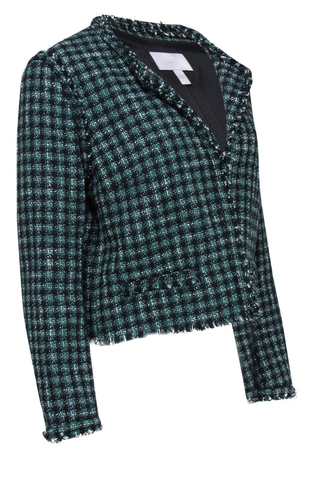 Current Boutique-BOSS Hugo Boss - Black & Green Cotton Blend Cropped Plaid Tweed Jacket Sz 10