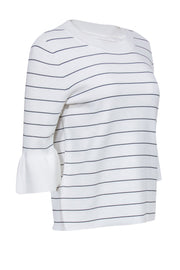 Current Boutique-BOSS Hugo Boss - White & Navy Pinstripe Knit Top w/ Bell Sleeves Sz M/L