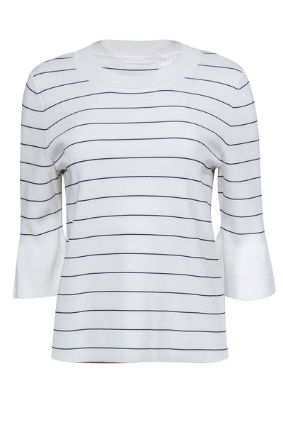 Current Boutique-BOSS Hugo Boss - White & Navy Pinstripe Knit Top w/ Bell Sleeves Sz M/L