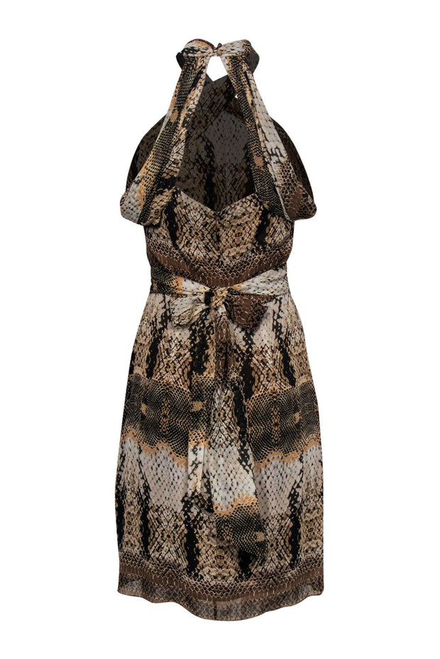 Current Boutique-Badgley Mischka - Beige Snakeskin Print Draped Sleeve Silk Dress w/ Jeweled Belt Sz M