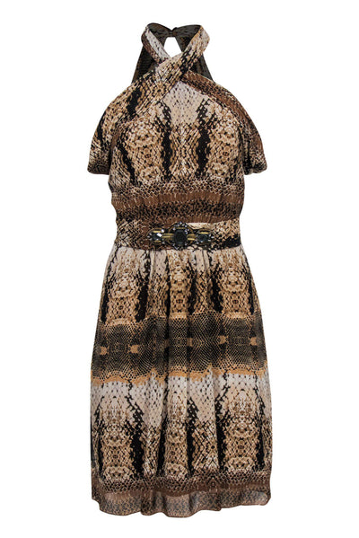 Current Boutique-Badgley Mischka - Beige Snakeskin Print Draped Sleeve Silk Dress w/ Jeweled Belt Sz M