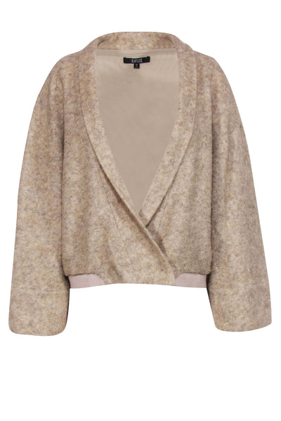 Current Boutique-Badgley Mischka - Beige Wool Blend Faux Wrap Sweater w/ Bell Sleeve Sz 12