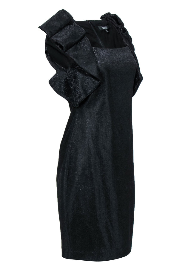 Current Boutique-Badgley Mischka - Black Metallic Dress w/ Large Ruffle Shoulder Sz 8