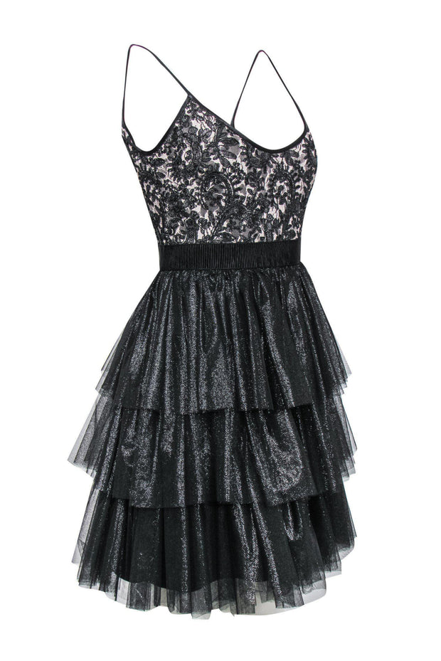 Current Boutique-Badgley Mischka - Black & Nude Lace Fit & Flare Dress w/ Sparkly Tulle Skirt Sz 4