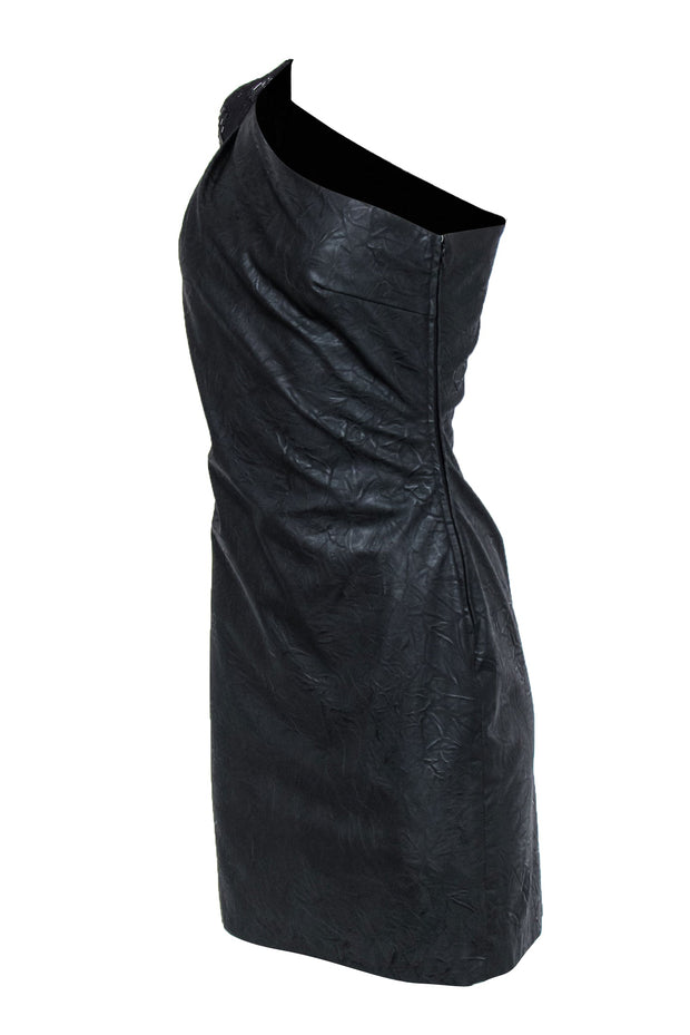 Current Boutique-Badgley Mischka - Black One Shoulder Crinkled Leather Dress w/ Beading Sz S