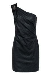Current Boutique-Badgley Mischka - Black One Shoulder Crinkled Leather Dress w/ Beading Sz S