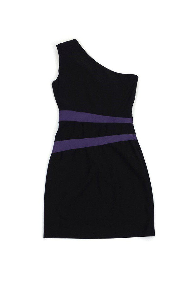 Current Boutique-Badgley Mischka - Black One Shoulder Dress w/ Purple Stripes Sz 0