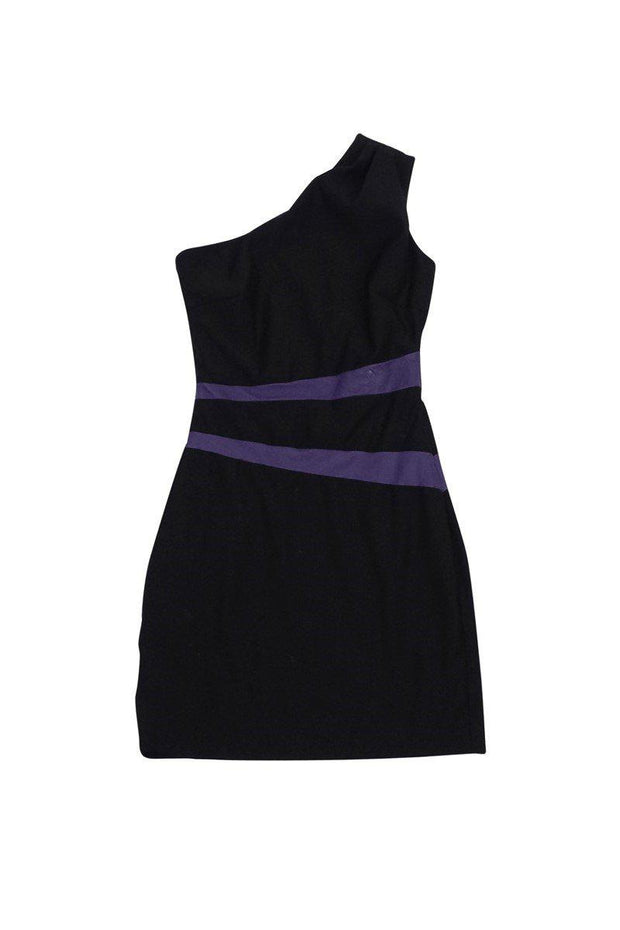 Current Boutique-Badgley Mischka - Black One Shoulder Dress w/ Purple Stripes Sz 0
