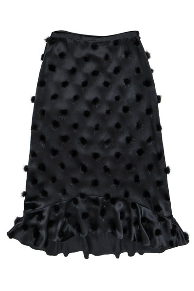 Current Boutique-Badgley Mischka - Black Silk Maxi Skirt w/ Fur Pom Poms Sz 10