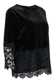 Current Boutique-Badgley Mischka - Black Velvet Quarter Sleeve Studded Blouse w/ Lace Trim Sz L