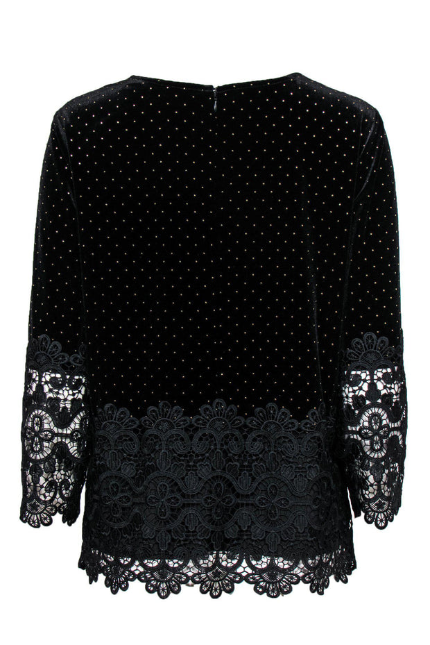 Current Boutique-Badgley Mischka - Black Velvet Quarter Sleeve Studded Blouse w/ Lace Trim Sz L